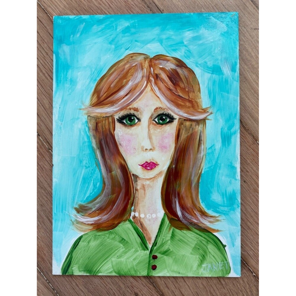 Stylized Portrait Woman Big Eyes Red Hair Blues Greens